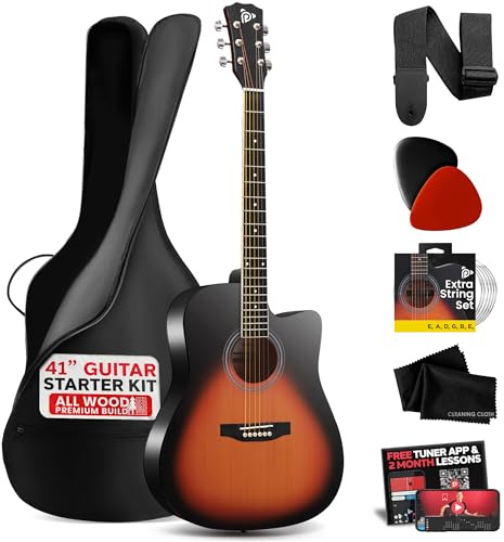 Pyle Steel String Acoustic Guitar Kit, 4/4 Full Size 104cm Cutaway All-Wood Acoustic Guitar with Premium Accessory Set, Upgraded Gig Bag, Sunburst Teardrop Matte Finish, Beginner Guitar for Adults