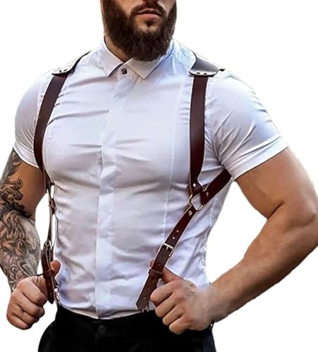 Pinwe Leather Suspenders Body Chain Chest Harness Men with Buckle Strap Punk Belt Adjustable Rave Costume