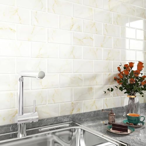 FunStick Azulejos Adhesivos Pared 3D Blanco y Oro Vinilo Adhesivo Azulejos Cocina Marmol Pegatinas 3D Impermeable 30×30CM 5 Baldosas 3D Adhesivas Pared Baño Oro Blanco Losetas de Marmol Vinilos Pareds