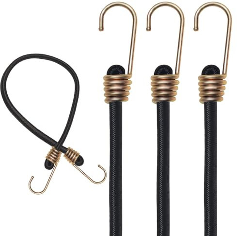Black 4Pack 24 Bungee Cords with Hooks 10mm REAL HEAVY DUTY Bungee Cord Assortment Metal Hooks, Multi-Purpose Double Braided Elastic Bungee Straps for Various Cargoes, Weatherproof & UV