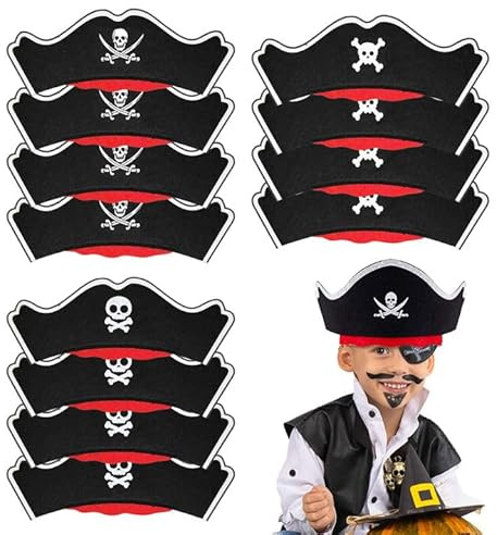 FUIPVGI 12 Pièces Chapeau Pirate Enfants, Bandeau Pirate Accessoires Pirate Anniversaire Pirate Chapeau de Déguisement Pirate, Chapeau de Pirate Feutre pour Cosplay, Fêtes, Halloween (Black)