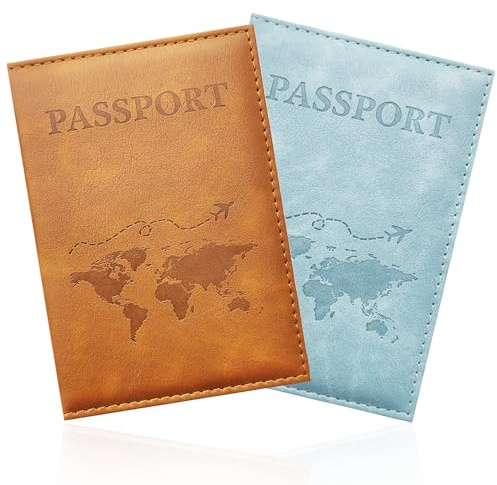 Lot de 2 porte-passeports, housse de passeport en cuir PU, porte-passeport, portefeuille de voyage pour passeport, cartes d'embarquement, cartes de crédit, cartes de visite (marron + bleu clair)