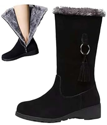 Women's Casual Thermal Faux Plush Snow Boots, Winter Boots for Women Waterproof Fur Lined Side Zipper Warm Mid Calf Boots (black,5.5 UK)