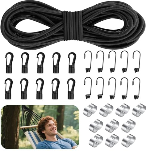 Lociban Tenditore Elastico 15m, Corde Elastiche 6 mm X 15 m, Corda in Gomma con 10 Ganci a Spirale, 10 Ganci in Plastica, 10 Morsetti per Strozzatore, Corda Elastica er Teloni, Tende, Trasporto Auto