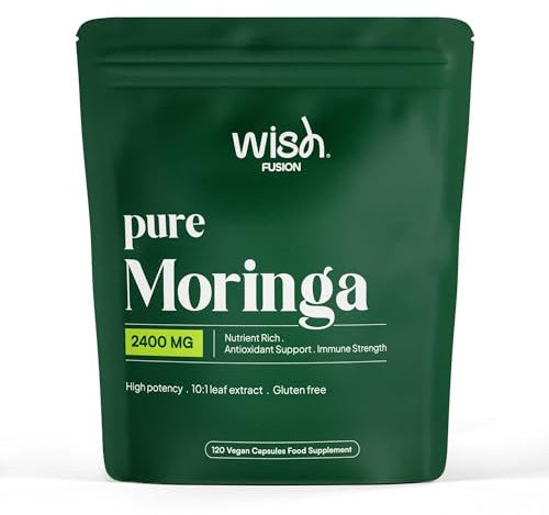 Wish Fusion Organic Moringa Capsules 2400mg, High Strength Pure Moringa Oleifera Leaf Powder, Rich in Antioxidants, Iron & Vitamins, Natural Energy Boost & Immune Support 120 Vegan Capsules