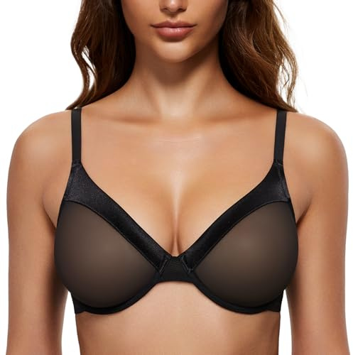 Wingslove Women's Sheer Lace Bra Demi Through Mesh Bralette Unlined Underwire Support Non Padded (Black,38DD)