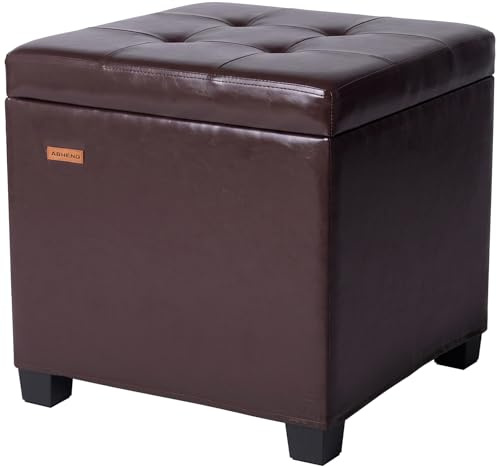 ABHENG Synthetic Leather Cover Steel Frame Ottoman with 48L Storage,17.7 x 17.7 x 17.7 Square Storage Ottoman Stool Cube with Legs,for Dorm Livingroom Brown UASND63R