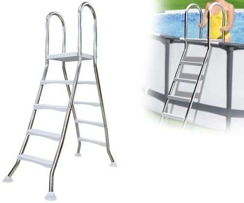 AIBOTY Escalera de Acero Inoxidable para Piscinas Elevadas 135 cm con Peldaños Dobles de Plástico Resistente, Escalera de Piscina de Doble Cara, Escalera para Piscina Elevada, Carga 250kg