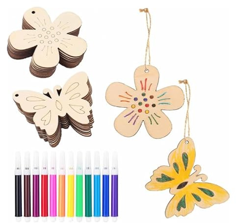 HENGBIRD Set di 56 ciondoli in legno per bambini, da dipingere, per bambini, fai da te, farfalle e fiori, per il compleanno dei bambini, fai da te, decorazione per la primavera, la casa, la scuola