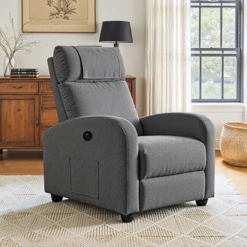 BonVache Sillón relax, sillón de televisión, sillón de ocio con puertos de carga USB y Type-C, respaldo y reposapiés ajustables, sillón individual para salón, dormitorio, oficina, tejido de lino, gris