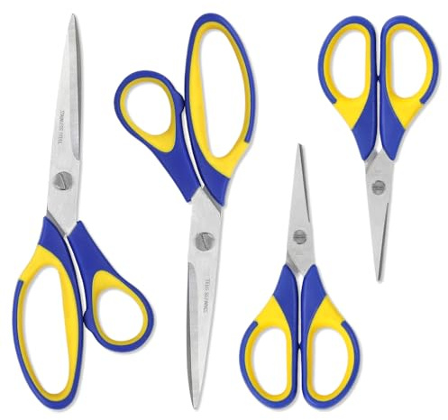WISEPRO Saxset i rostfritt stål, 4 stycken – vassa blad, 2 mm tjocka, bekväma handtag, hållbar – multifunktionellt saxset, perfekt för hantverk, kontor, skola och hushåll (blågul)