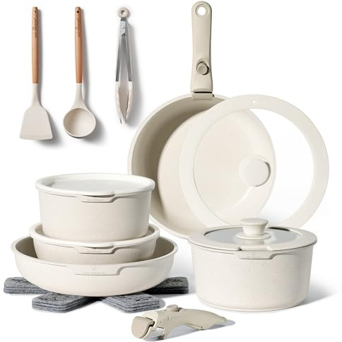 Juego de Cocina Antiadherente 18 Piezas – Ollas y Sartén con Mango Extraíble – Apto para Inducción – Sin PFOA – Fácil de Lavar a Mano (beige)