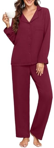 PrinStory Pigiama lungo da donna con bottoni a maniche lunghe e pantaloni da pigiama, rosso vivo, M