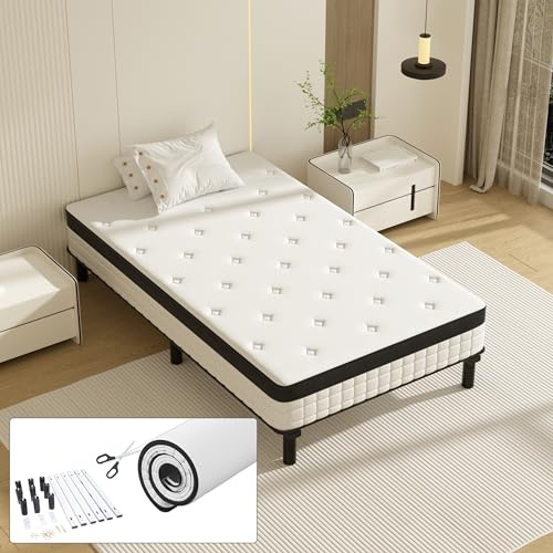 TEENO Ensemble Matelas et Sommier 90x190cm,Matelas à Ressorts ensachés et Robuste Cadre de lit en Fer avec 6 Pieds, Lit Complet, épaisseur 18cm,Anti - acariens et Longue durée de Vie