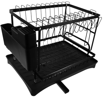 Cabilock Égouttoir Multifonction pour Comptoir Cuisine Support Noir avec Rangement Planche à Découper et Porte Couverts Organisateur Compact pour Assiettes Tasses et Couverts et Facile à