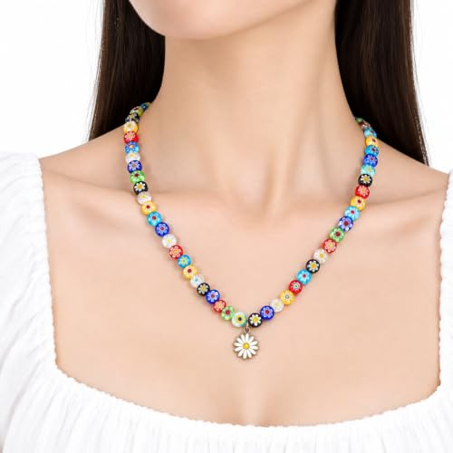 Sariputa Collier Fantaisie Femme Style Boho, Collier De Perles Colorées Avec Pendentif Marguerite, Collier D’Été Réglable En Perles De Verre Pour Filles Et Femmes, Accessoire Bijoux