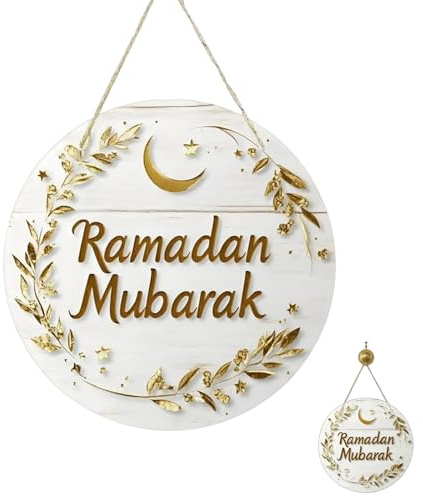 Decorazione Ramadan in Legno per Porta, Pannello in Legno con Scritta Ramadan Mubarak, 30x30 cm, Decorazione Casa per Festa e Celebrazione del Ramadan, Perfetto per Entrata, Muro e Finestr