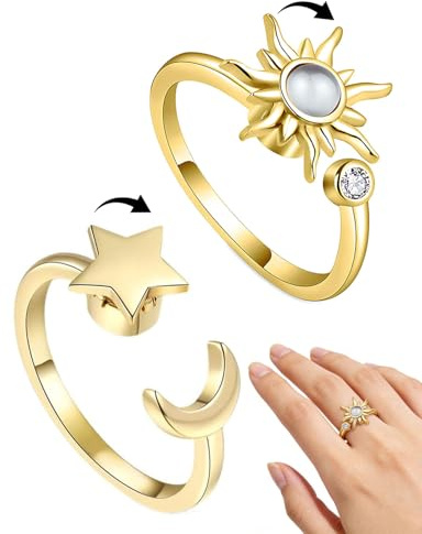 DAFNE 2 pezzi Anxiety Anello da donna con Fidget, con pietra di luna, anello aperto regolabile, anti-stress(oro)
