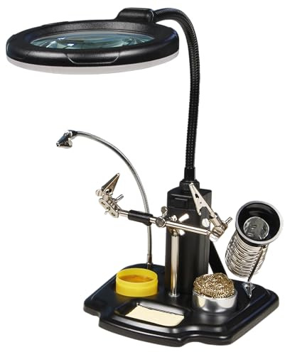 MC Power - dritte Hand mit LED-Lupe | Lötkolben Halter, 3-fache Vergrößerung | Helfer für Elektrotechnik, löten und basteln | sicherer Halt für die Werkstücke | Gute Sicht durch LED Beleuchtung