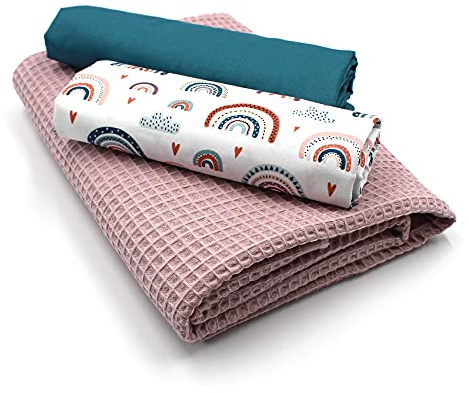 VmG-Store Våffelpiké + bomullstyg i set, färgkoordinerat våffeltyg, 100 % bomullstyg, Tex Standard 100 (regnbågar, pastell vit, set02)