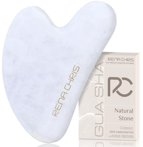 Rena Chris Pierre de jade naturelle Guasha outil et masseur facial pour sculpter la mâchoire et réduire les poches (blanc)
