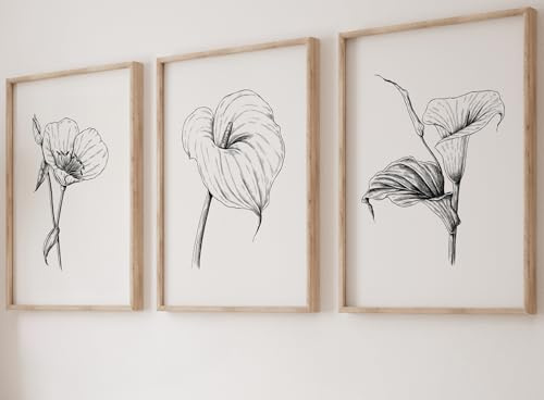 Eviepops Prints Wild Flowers Abstract Wall Art Set of 3 Unframed Prints, Abstract Tropical Plant Decor, Living Room Bedroom Poster Home Decor, Black and White Flower Leaves (A3)