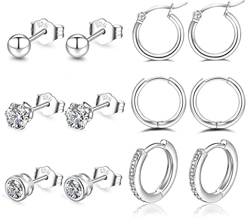 PABBEU Silver Earrings for Women 925 Sterling Silver Hoop Stud Earrings Set | 6 Pairs Sterling Silver Earrings Set for Women 3 Small Hoops 12mm and 3 Studs 4mm With AAAA Cubic Zirconia Everyday Jewellery