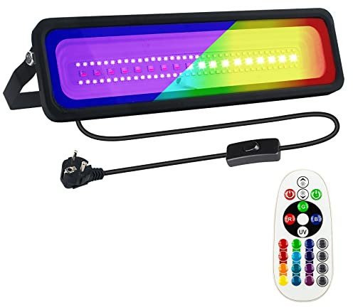 Indmird RGB+UV Strahler 50W LED Schwarzlichtlampe mit Fernbedienung 12 Farben Uv Schwarzlicht IP66 Wasserdicht Led strahler Partylicht Blacklight für Neonfarbe, Party, Bühnen, Garten, Halloween