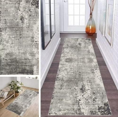 ZDYHMrj Läufer Teppich Flur Küche Waschbar rutschfest 40 * 60cm, Abstraktes Geometrisches Muster Grau Lang Teppichmatte Dauerhaft Fur Korridor Wohnzimmer Schlafzimmer Meterware Anpassbar