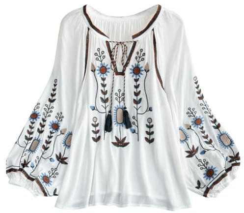 Mexican Embroidered Shirt for Women Traditional Bohemian Peasant Shirt Floral Fringe Cinco De Mayo Shirts Long Sleeve Causal Ethnic Style Loose Fit Blouse Top Folklorico Shirts White One Size