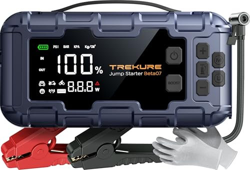 TREKURE 6000A Jump Starter Power Pack with 160PSI Air Compressor, PD45W Charger with Car Battery Booster Jump Starter (all Gas/12L Diesel), Car Starter Power Bank, Gloves, Lights