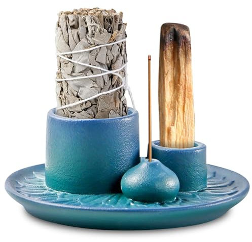 Porta incenso 4 in 1 per ogni incenso, supporto Palo Santo, supporto per bastoncini di incenso, supporto per bastoncini di incenso, salvia bianca per affumicare (blu)