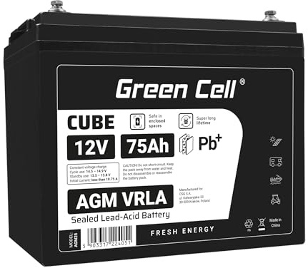 Green Cell AGM 12 V 75 Ah med IP54 batteri fleece batteri VRLA blybatteri ersättningsbatteri batteribatteri försörjningsbatteri cykelsäkert underhållsfritt elbåt trolling-motor båt (12 V 75 Ah)