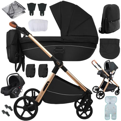 Nine point nine Kinderwagen 3 in 1, Kinderwagen Set mit Umkehrbarem Doppelschiebemodus, Kombikinderwagen 3 in 1 mit Großer Bequemer Babywanne, Rahmen Aluminiumlegierung (H2 Black)