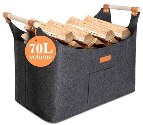 Canasta De Leña 55 x 40 x 32 cm 70L, Cestas De Fieltro Súper Gruesas Y Manijas De Madera Maciza, Cesto Leña, Fieltro De Bolsa De Leña Plegable, Disponibles Para Compras, Madera, Juguetes, Etc
