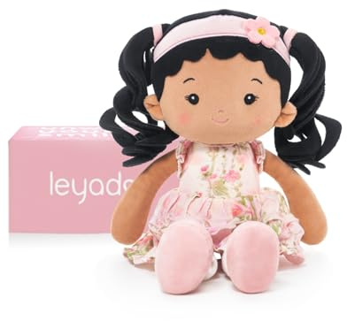 LeyaDoll Mjuk trasdocka (32 cm), födelsedagspresent och dopgåva för flickor – kärleksfull babyleksak 0-3 år – min första skyddsängel – mini kronblad – garvad