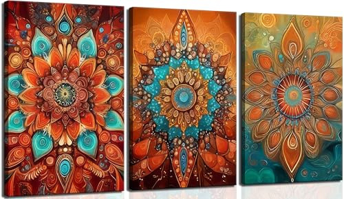 3Pcs Boho Mandala Floral Canvas Wall Art Modern Plants Colorful Flowers Painting Decor Pictures Vintage Floral Red Bloom Posters Prints for Office Living Room Bathroom Bedroom Decoration