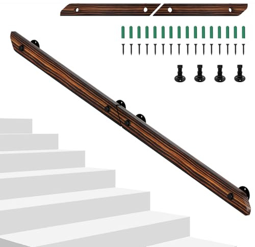 Hebitod Pasamanos de madera de pino, 180 cm, pasamanos de madera antideslizante con soportes de pared, material de montaje, barandilla para escaleras, balcón, marrón