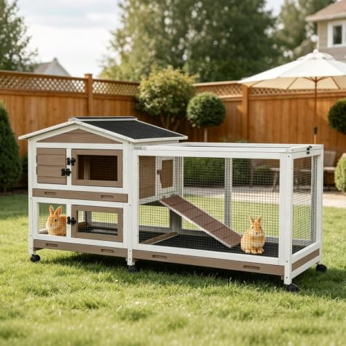 Gutinneen Rabbit Hutch Bunny Cage Indoor and Outdoor Pet House with Casters Waterproof Roof, Pull Out Tray from Back and Front 55.3 L x 23.4 W x 34.8 H