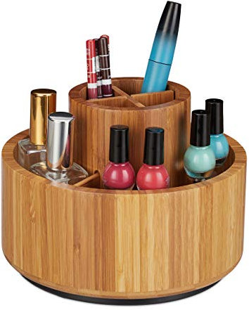 Relaxdays, natur Make Up Organizer, Bambus, 360 drehbar, rund, für Pinsel, Lippenstift & Kosmetik, Stiftehalter, D: 20cm, 15 x 20 x 20 cm