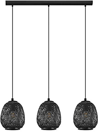 EGLO Pendelleuchte Dembleby 1, 3 flammige Hängelampe Vintage, Natur, Hygge, Hängeleuchte Holz Korb geflochten, Esstischlampe, Wohnzimmerlampe hängend in Schwarz, Stahl, E27 Fassung