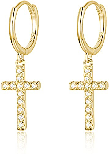 Pendientes de aro de plata de ley 925 con colgante de cruz chapado en oro de 14K | Pendientes para mujer y niña | Aros colgantes con circonitas (Oro)