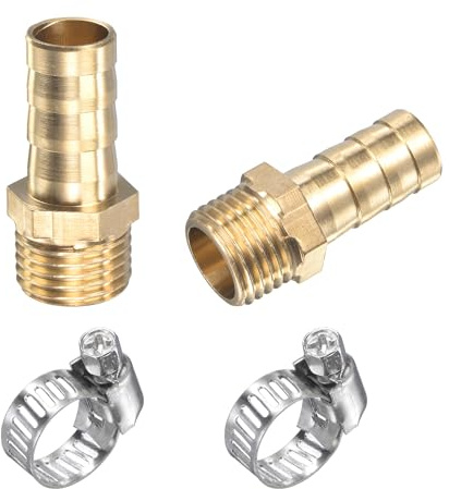 sourcing map Latón Manguera Púa Montaje Recto 10mm x G1/4 Macho Rosca Tubo Conector con Inoxidable Acero Manguera Abrazadera Paquete de 2