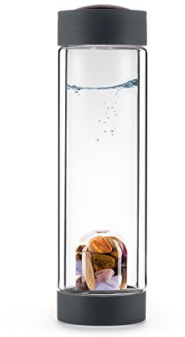 VitaJuwel ViA HEAT 5 ELEMENTS | Teeflasche aus doppelwandigem Glas mit Amethyst, Chalcedon, Versteinertes Holz, Rosenquarz & Ozeanachat für Wachstum und Stabilität