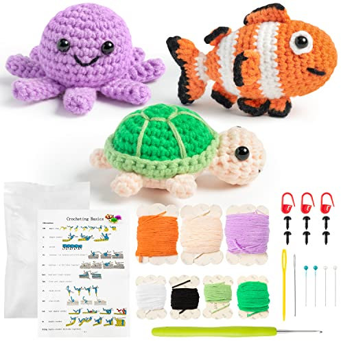 TirEurt 24 Stück Häkelset Meerestiere für Anfänger Komplett Häkelpaket Set Starter Häkelpacket mit Anleitung und Video Anfänger Häkelnadel Set DIY Handwerk Geschenk für Erwachsene Kinder