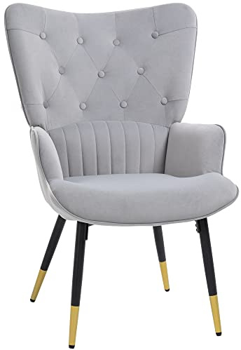 HOMCOM Sillón Individual Butaca de Dormitorio Butaca de Salón Tapizado en Terciopelo con Respaldo Alto Reposabrazos y Patas de Acero Estilo Moderno 68x72x103 cm Gris