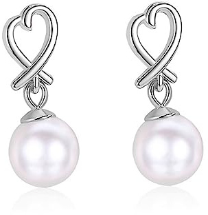 Bellitia Jewelry Corazón Pendientes de Gota de Plata de Ley 925 Chapada en Oro Rosa/Oro Blanco Pendientes Mujeres y Niñas con Perla Cultivada de Agua Dulce