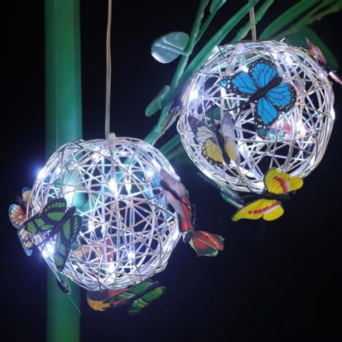 Hanging Solar Lights Outdoor, Round Ball Light with Butterfly, Solar Powered Waterproof Globe Lighting, Hanging Globe Solar Lights for Garden, Yard, Patio, Lawn, Flower Bed