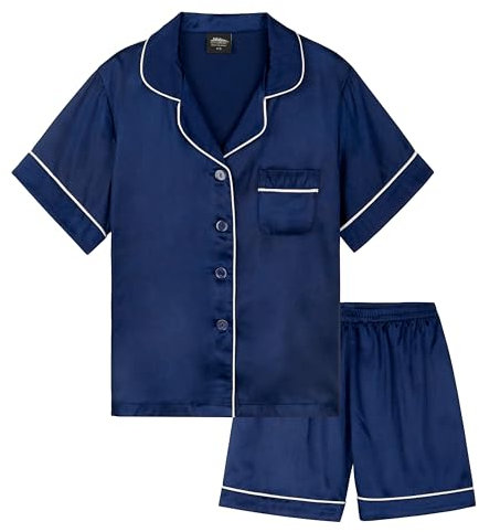 CityComfort Schlafanzug Mädchen Kurz Satin Pyjama Kinder Schlafanzug Teenager Weiche Atmungsaktive Sommer Kurzarm Schlafanzüge Loungewear Set (11-12 Jahre, Dunkelblau)