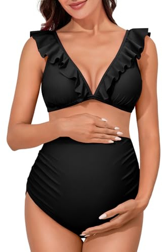 Summer Mae - Traje de baño de maternidad de cintura alta de dos piezas, bikini con volantes, traje de baño floral, cuello en V, traje de baño para el embarazo, Negro, XL